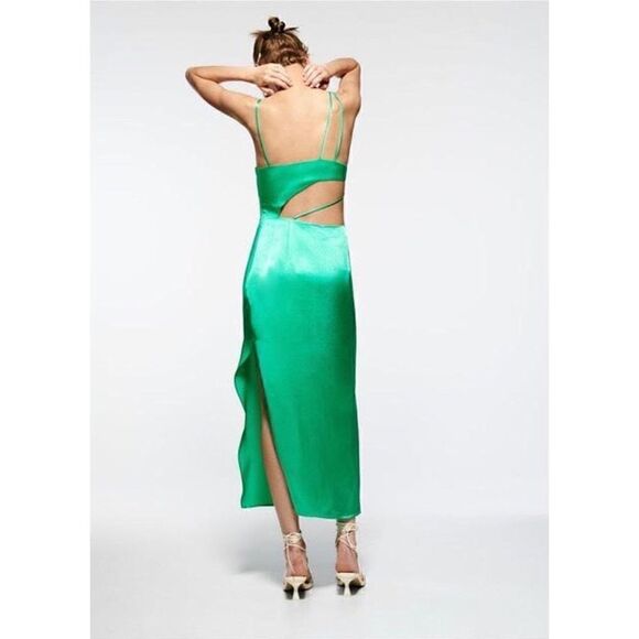 NWOT Zara Blogger’s Favorite Green Asymmetric Cut Out Satin Effect Midi Dress - Picture 3 of 16